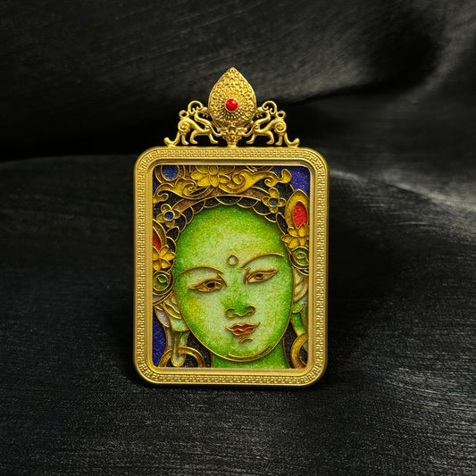 Detailed view of the copper 24K gold-plated casing for the Green Tara cloisonné Thangka pendant.