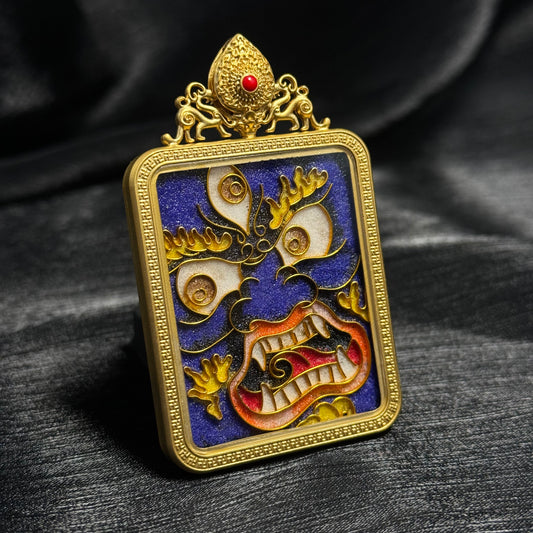 A 4x5cm cloisonné Six-Armed Mahakala Thangka pendant with copper 24K gold-plated casing, representing protection and fortune in Buddhist tradition.