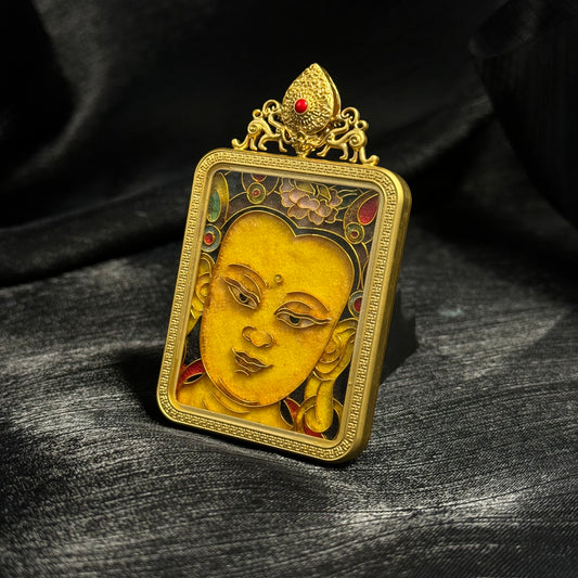 A 4x5cm cloisonné Manjushri (Bodhisattva of Wisdom) Thangka pendant with copper 24K gold-plated casing, representing wisdom and success in Buddhist tradition.
