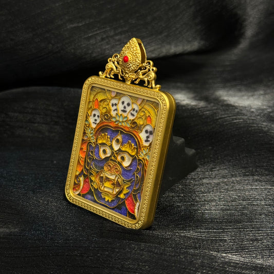 A 4x5cm cloisonné Palden Lhamo (Shri Devi) Thangka pendant with copper 24K gold-plated casing, representing Dharma protection and blessing in Buddhist tradition.