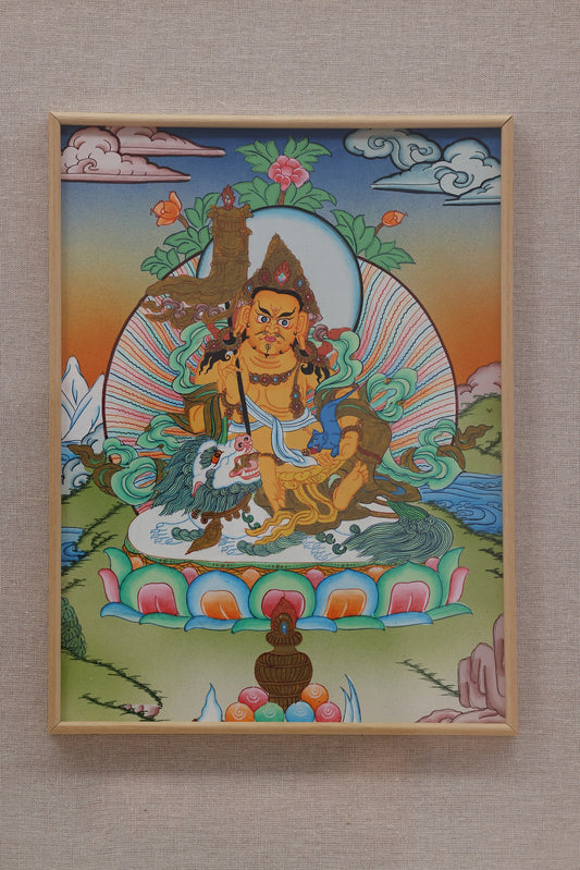 Hand-painted color thangka of Jambhala King, the Buddhist god of wealth, symbolizing prosperity and abundance.