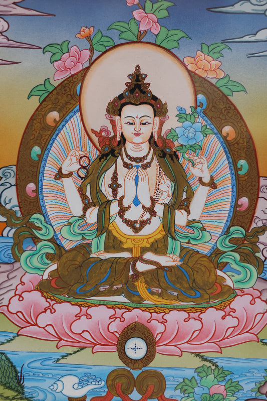 Four-armed Avalokiteshvara color thangka depicting the Tibetan Buddhist bodhisattva of infinite compassion