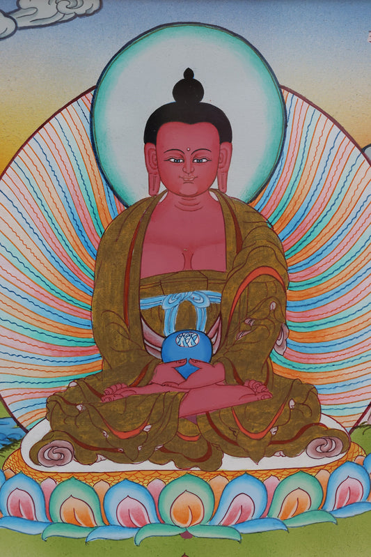 Colorful Tibetan Thangka of Amitabha Buddha, hand-painted in traditional Buddhist art style.