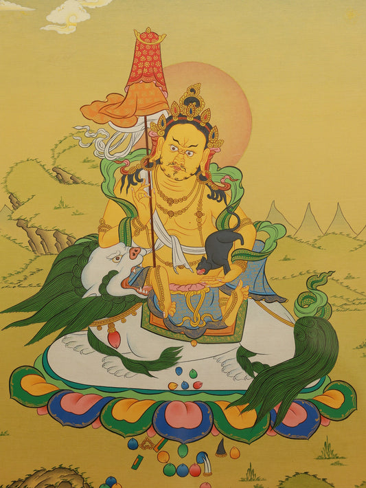 Tibetan Buddhist Thangka of the Colorful Treasure King, richly detailed, representing prosperity and divine guardianship.