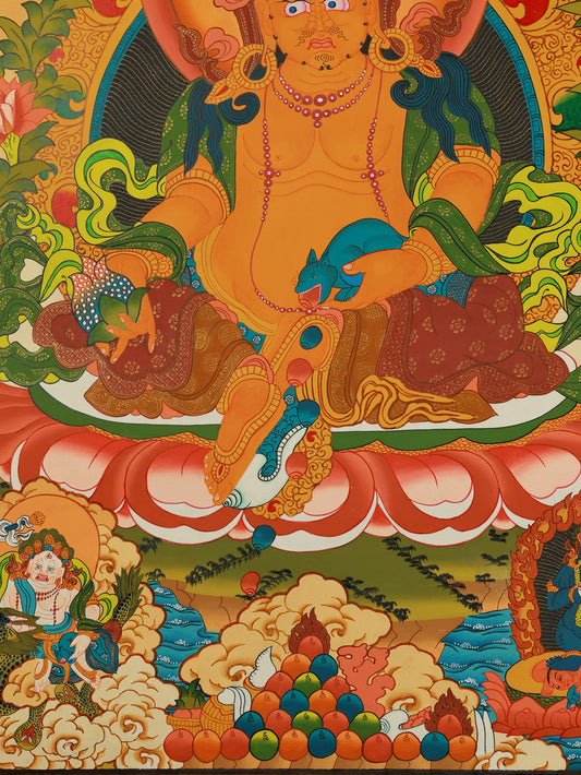Vibrant Tibetan Thangka depicting Yellow Jambhala, the central figure of the Five Wealth Gods.