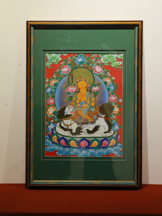 Detailed hand-painted Manjushri Bodhisattva Thangka in vibrant colors, depicting wisdom and compassion.