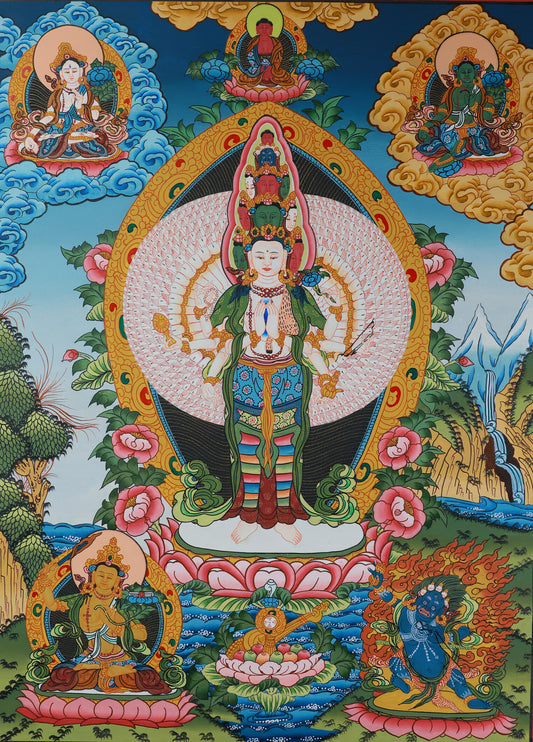 Hand-painted Tibetan Thangka showing Thousand-Armed Avalokiteshvara offering compassion and blessings