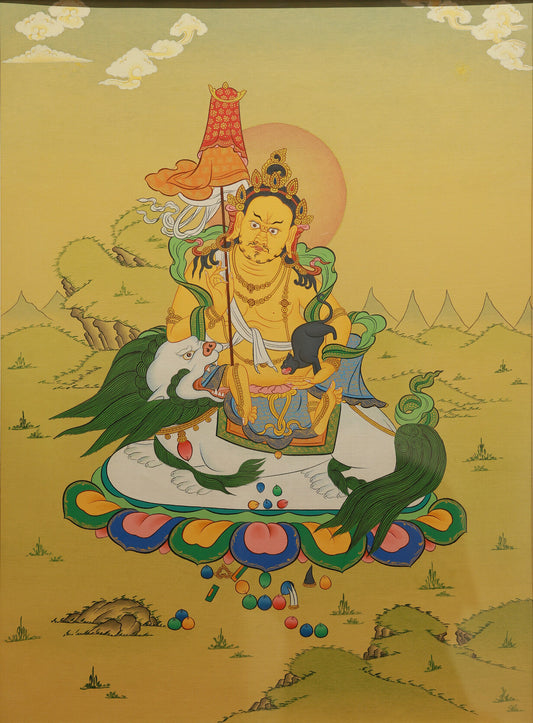 Colorful Tibetan Buddhist Thangka depicting the Treasure Guardian King in vibrant traditional style, symbolizing wealth and protection.