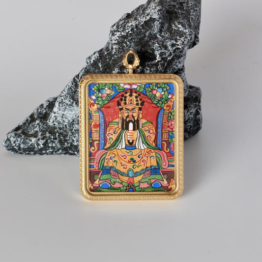 Close-up detail of the Nepal Dragon Fifth Lord Thangka painting showing intricate natural mineral pigment work, showcasing the masterful artistry of Nepali lineage painters.