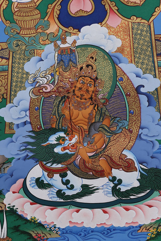 tibetan-buddhist-culture protector deity Zan God hand-painted thangka depicting the wealth guardian seated with sacred mouse and offering gods.jpg