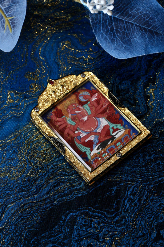 Tibetan Thangka of Elephant Nose God of Wealth (Tsondu), 4x5cm, with natural mineral paint and copper outer shell, representing Tibetan Buddhist culture.