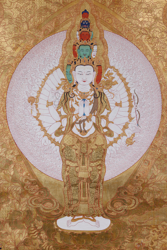 Tibetan Buddhist culture thousand armed thousand eyed Avalokiteshvara thangka, hand painted golden compassion bodhisattva sacred art