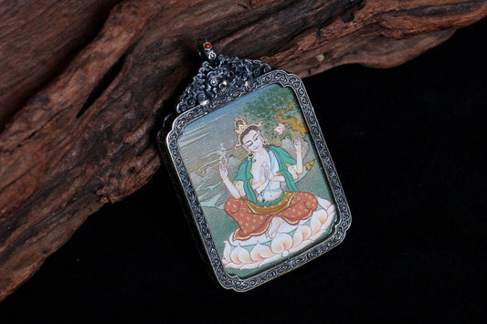 Hand-painted Karma Gadri Four-Armed Avalokiteshvara (四臂观音) Thangka pendant 3.5x4.5cm with vintage silver casing featuring the Bodhisattva of Compassion, representing compassion, health and wealth in Buddhist tradition.