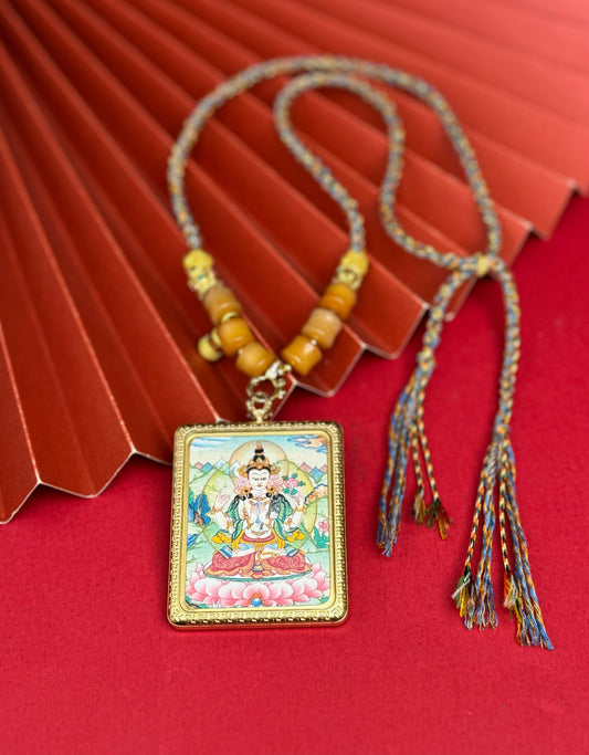 Hand-painted Nepal Four-Armed Avalokiteshvara (四臂观音) Thangka pendant 4x5cm with titanium casing featuring the incarnation of great compassion, representing health, longevity and wealth in Buddhist tradition.