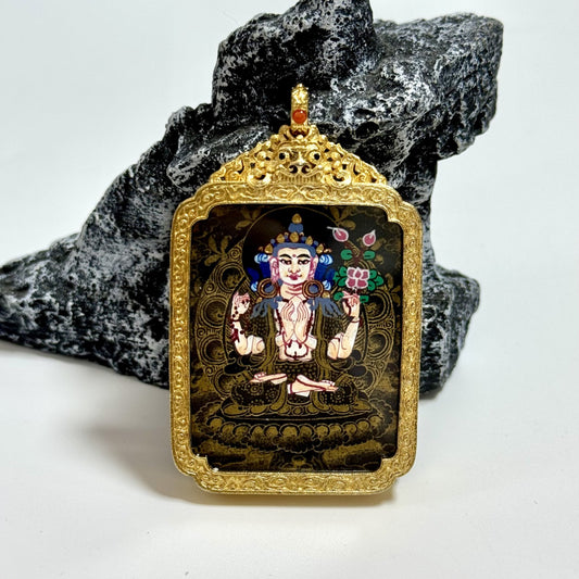 Close-up detail of the Nepal Black Gold Four-Armed Avalokiteshvara Thangka painting showing intricate natural mineral pigment work, showcasing the masterful artistry of Nepali lineage painters.