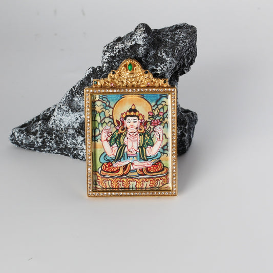 Close-up detail of the Nepal Elegant Four-Armed Avalokiteshvara Thangka painting showing intricate natural mineral pigment work, showcasing the masterful artistry of Nepali lineage painters.