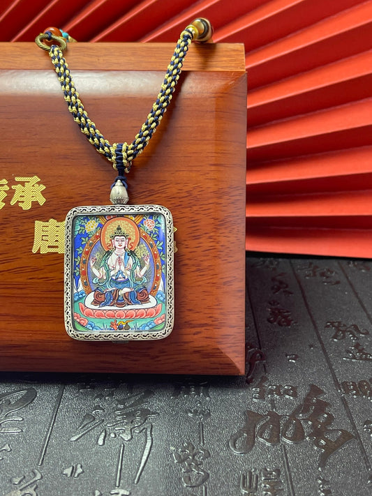 Hand-painted Rekong Four-Armed Avalokiteshvara (四臂观音) Thangka pendant 3.5x4.5cm featuring compassion and family harmony, representing peace and serenity in Buddhist tradition.