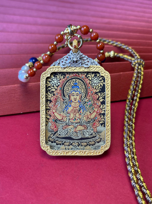 Hand-painted Rekong Four-Armed Avalokiteshvara (四臂观音) Black Gold Thangka pendant 3.5x4.5cm with 925 silver casing featuring great compassion, representing liberate beings and fulfil wishes in Buddhist tradition.
