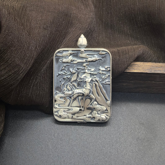 A 3.5x4.5cm hand-painted Rekong Blue Thangka Four-Armed Avalokiteshvara (四臂观音) Thangka pendant with 925 silver featuring the embodiment of great compassion, representing compassion and peace in Buddhist tradition.