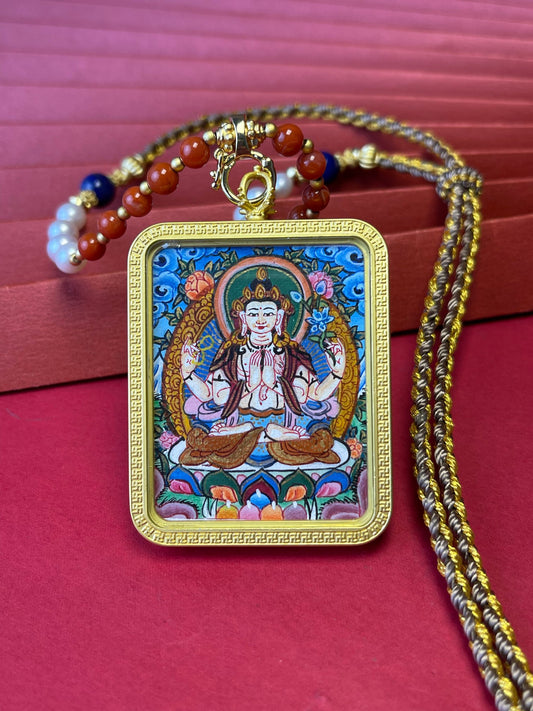 Hand-painted Rekong Four-Armed Avalokiteshvara (四臂观音) Thangka pendant 3.5x4.5cm with copper casing featuring great compassion, representing liberate beings and fulfil wishes in Buddhist tradition.