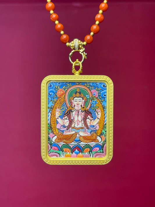 Close-up detail of the Rekong Four-Armed Avalokiteshvara Thangka showing mineral pigments, showcasing Rekong series artistry.