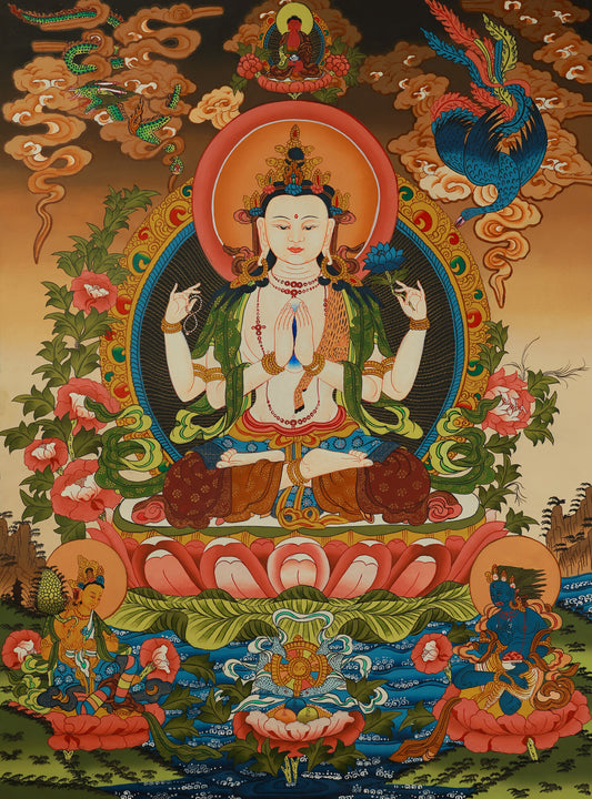 Hand-painted Four-Armed Avalokiteshvara Thangka from Tibet, showcasing central deity with intricate gold details and meditation symbols.