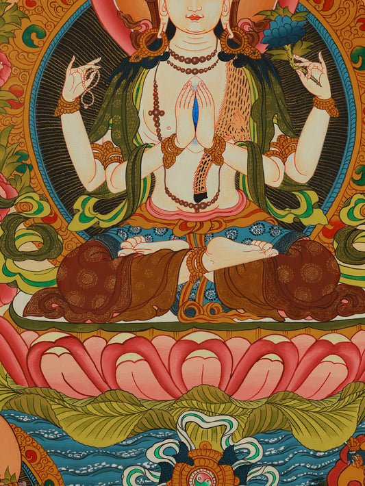 Detailed hand-painted four-armed Avalokiteshvara Thangka, depicting the central deity surrounded by protective deities.