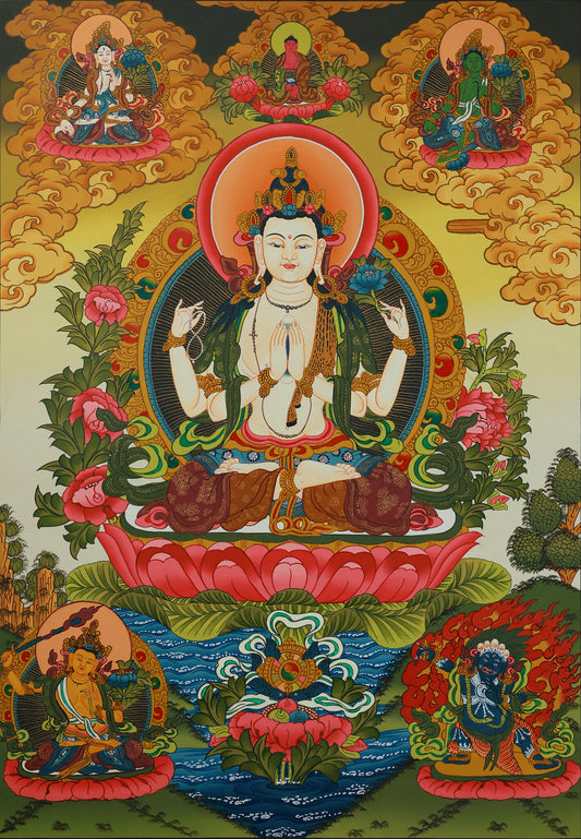 Hand-painted Tibetan Buddhist thangka depicting Four-Armed Avalokiteshvara, symbol of infinite compassion and mercy