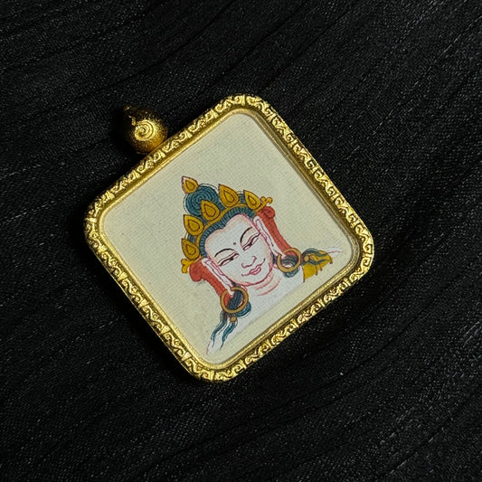 A 2x2cm hand-painted Tibet Four-Armed Avalokiteshvara Thangka pendant featuring the embodiment of great compassion, representing family protection and peace in Buddhist tradition.