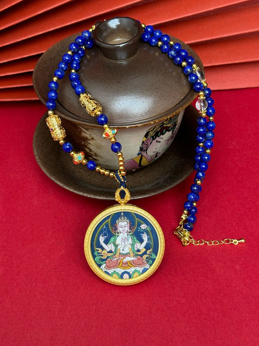 Hand-painted Tibet Bold Four-Armed Avalokiteshvara (四臂观音) Thangka pendant 3.5cm with copper casing featuring the Bodhisattva of Great Compassion, representing compassion and protection in Buddhist tradition.