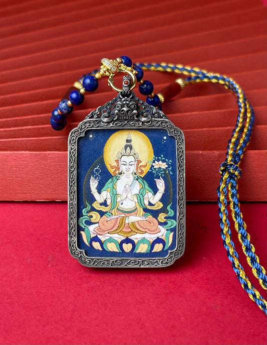 Hand-painted Tibet Four-Armed Avalokiteshvara (四臂观音) Thangka pendant 3.5x4.5cm with refined silver casing featuring the Bodhisattva of Compassion, representing compassion, health and wealth in Buddhist tradition.