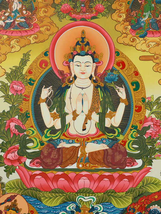 Hand-Painted Tibetan Buddhist Four-Armed Avalokiteshvara Thangka Decoding Theme, Deity, and Craftsmanship