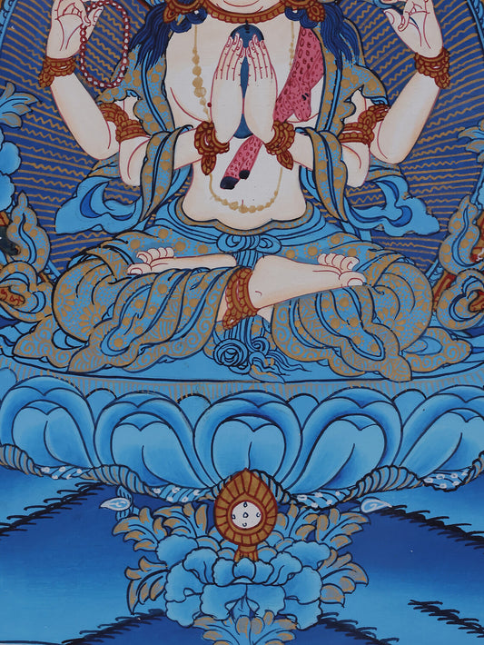 Tibetan Buddhist Chenrezig thangka with four arms, symbolizing infinite compassion and loving-kindness.