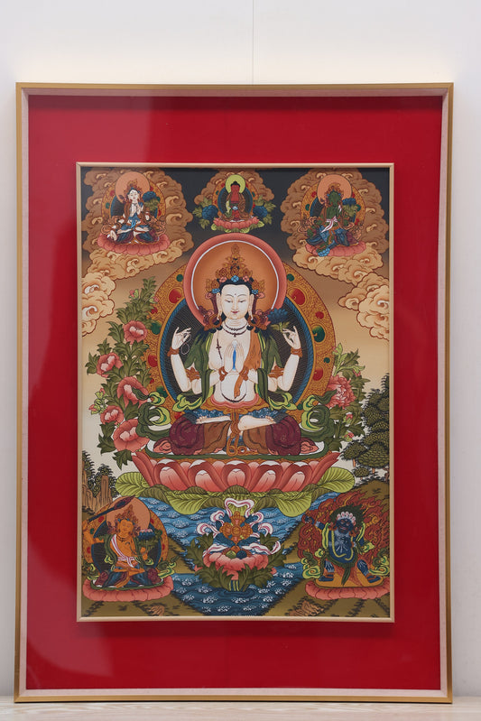 Four-Armed Avalokiteshvara Bodhisattva Thangka – authentic Tibetan Buddhist sacred artwork.
