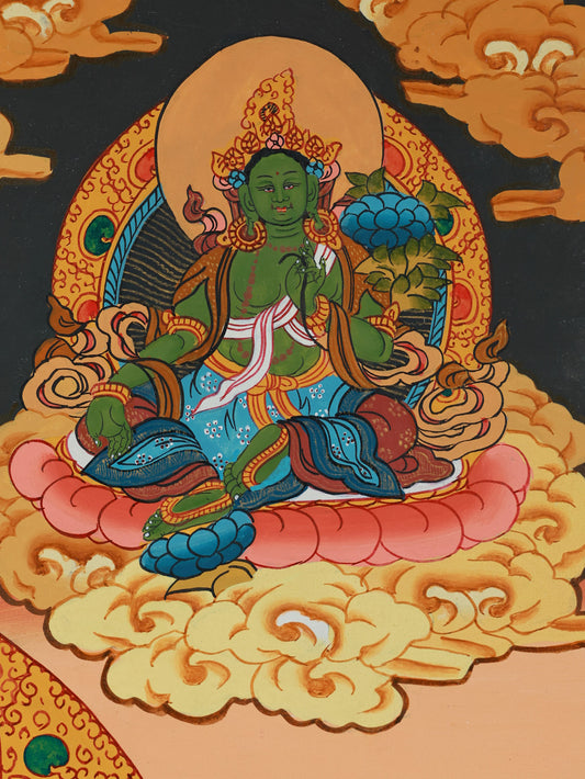 Hand-painted Tibetan Thangka of Vaishravana, the Buddhist wealth deity, in traditional colorful Tibetan style