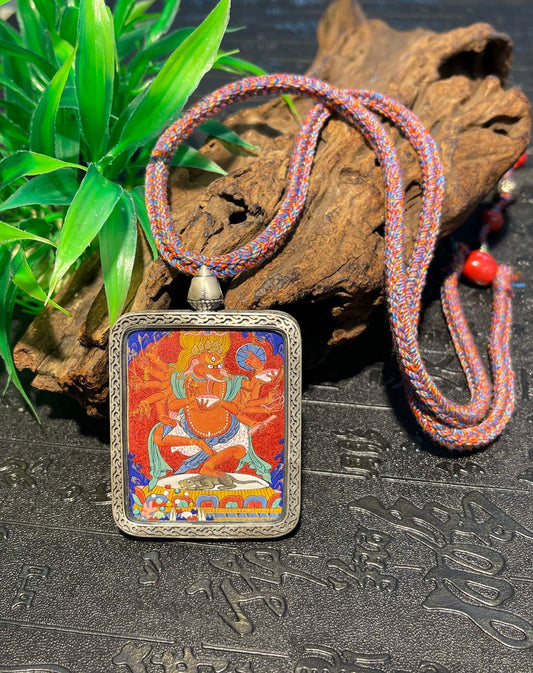 Hand-painted Chigong Premium Ganesh (象鼻财神) Tibet Thangka pendant 4x5cm with nine-deer pure silver casing and cinnabar cloud necklace, Chigong Premium Tibet.