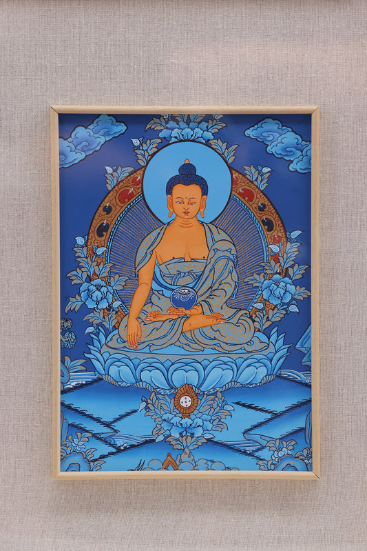 Hand-painted Tibetan blue thangka of Shakyamuni Buddha with mineral pigments and gold details