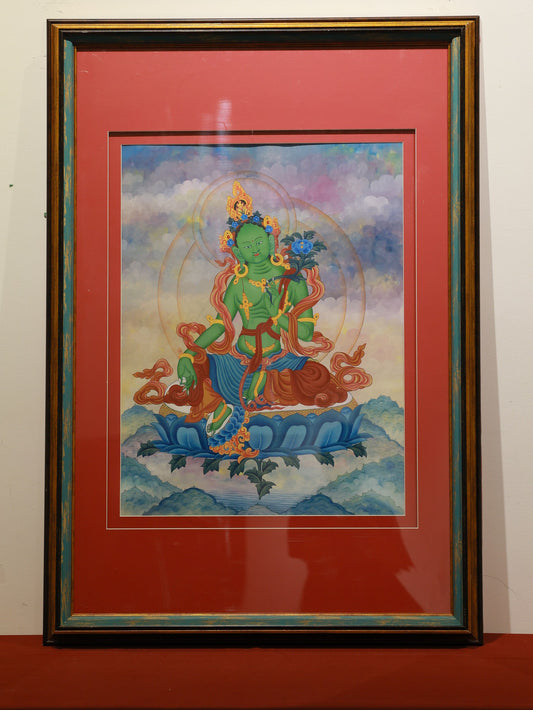 Tibetan Buddhist Green Tara color thangka artwork expressing mercy, wisdom, and spiritual peace