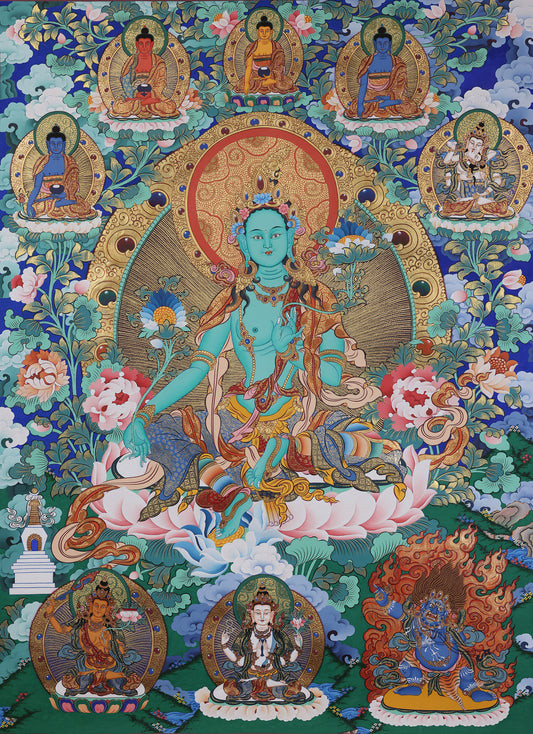 Tibetan buddhist culture green tara compassion bodhisattva thangka, hand painted mineral pigment sacred shrine art