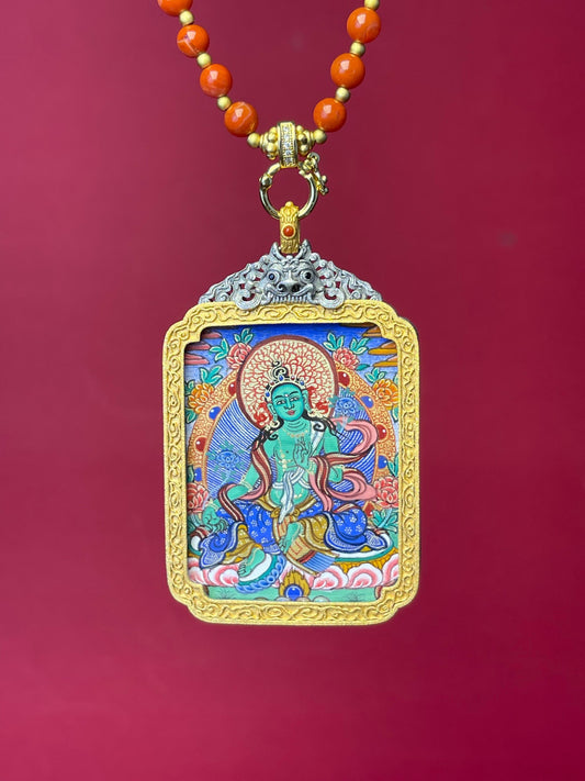 Detailed view of the refined hand-woven cord for the Green Tara Thangka pendant, symbolising compassion and tradition in Buddhist practice.