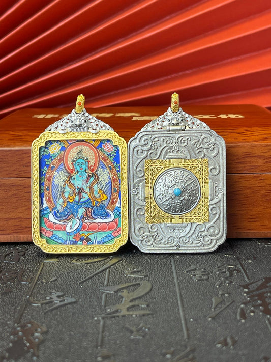 Hand-painted Rekong Green Tara (绿度母) Thangka pendant 3.5x4.5cm with 925 silver and rotating vajra-cross reverse, Rekong series.