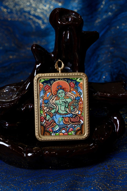 Nepal Hand-Painted Green Tara Thangka Pendant | 3.5×4.5cm Titanium Steel Case | Tibetan Gau Portable Shrine