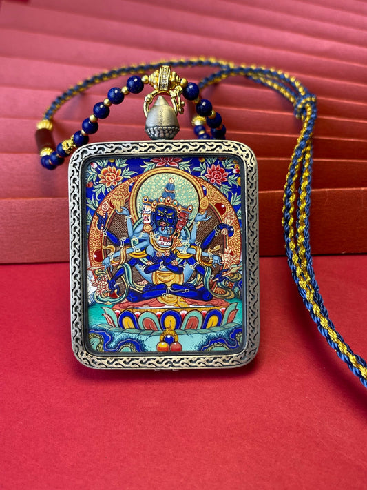 Hand-painted Tibet Guhyasamaja (密集金刚) Thangka pendant 3.5x4.5cm with copper casing featuring father tantra and union of method and wisdom, representing purify obscurations in Buddhist tradition.