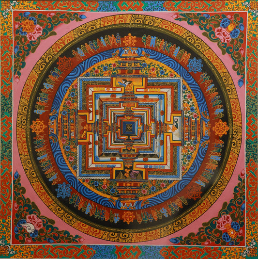 Hand-painted Guhyasamaja Mandala Thangka depicting the complete Vajrayana cosmology in Tibetan Buddhist art.