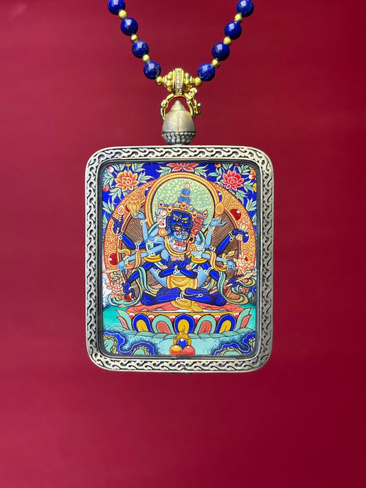 Detailed view of the copper casing for the Guhyasamaja Thangka pendant, symbolising tantra and tradition in Buddhist practice.