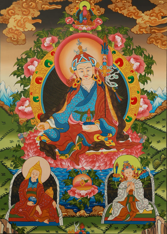 Hand-painted Tibetan Buddhist thangka depicting Padmasambhava, also known as Guru Rinpoche, the lotus-born master of Vajrayana Buddhism.