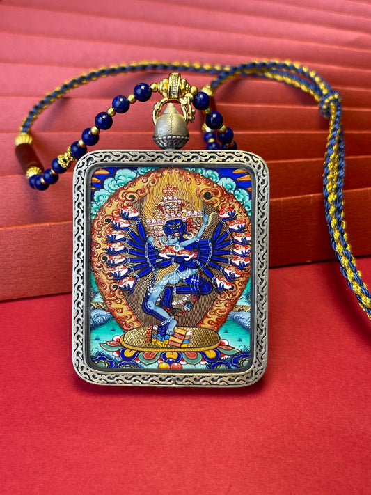 Hand-painted Tibet Hevajra (喜金刚) Thangka pendant 3.5x4.5cm with copper casing featuring bliss-emptiness and father tantra, representing purify obscurations in Buddhist tradition.