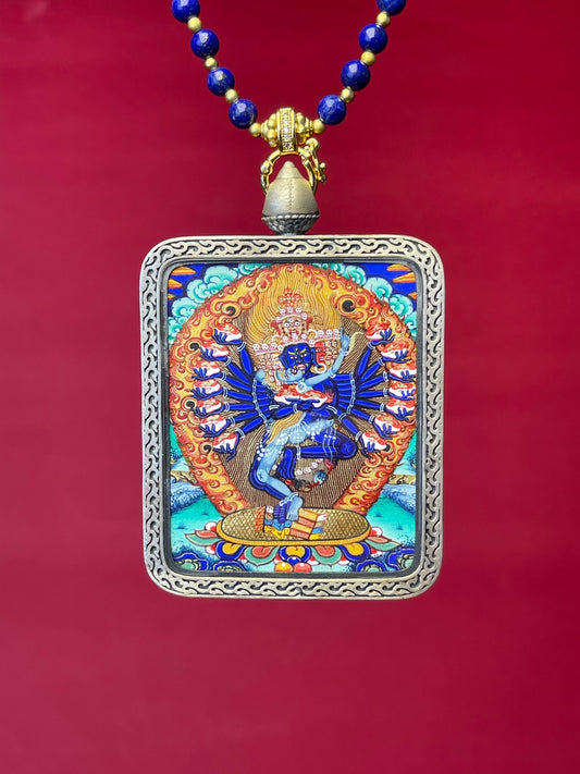 Detailed view of the copper casing for the Hevajra Thangka pendant, symbolising tantra and tradition in Buddhist practice.