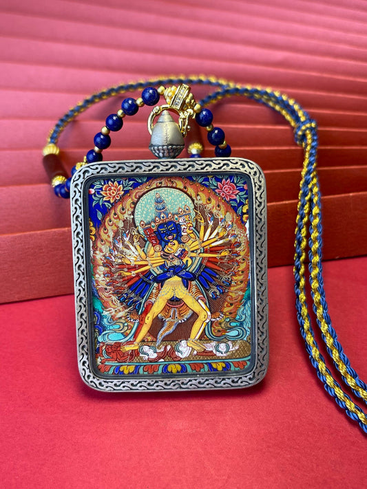 Hand-painted Tibet Kalachakra (时轮金刚) Thangka pendant 3.5x4.5cm with copper casing featuring wheel of time and outer-inner-other, representing purify obscurations in Buddhist tradition.