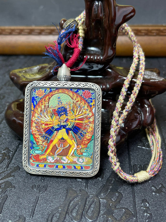 Hand-painted Rekong Kalachakra (时轮金刚) Thangka pendant 4x5cm with 925 silver casing, compassion wisdom merit, Rekong series.